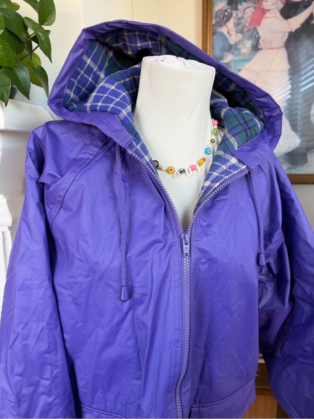 Vintage Flannel Lined Purple Raincoat Jacket with Hood - Picture 3 of 7